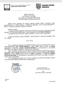 Document oficial emis de Spitalul Județean Constanța privind încetarea contractului medicului neurochirurg Mihaela Pop