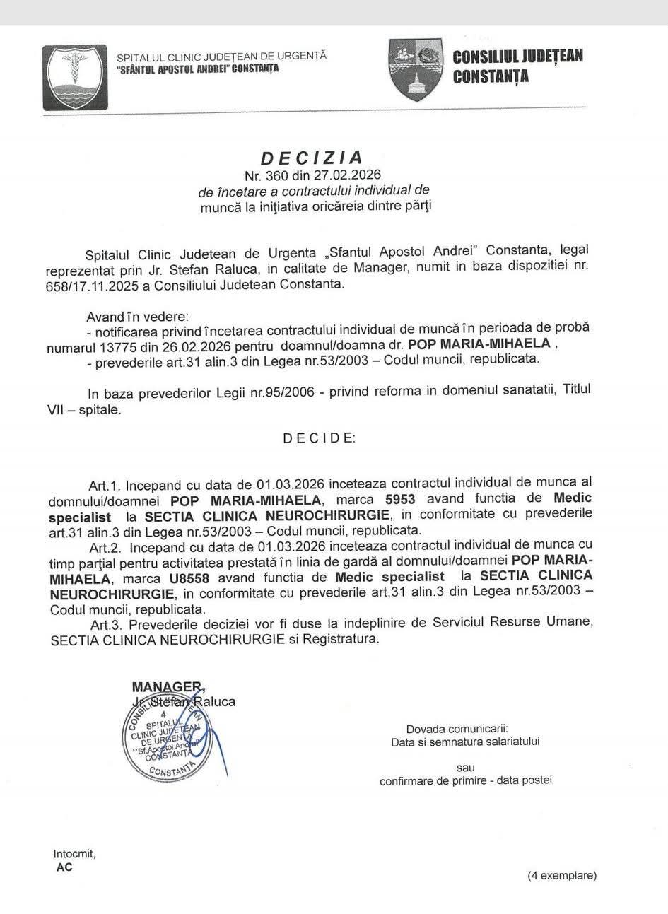 Document oficial emis de Spitalul Județean Constanța privind încetarea contractului medicului neurochirurg Mihaela Pop
