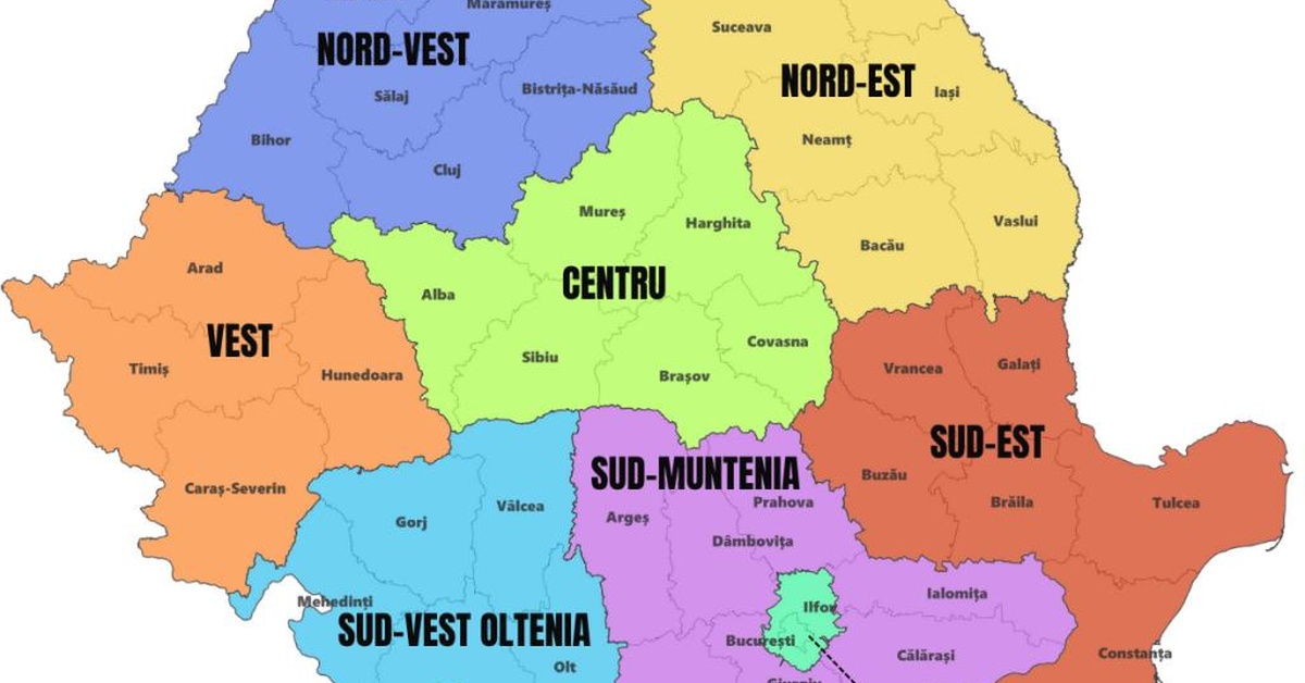 Harta celor 8 regiuni de dezvoltare din România